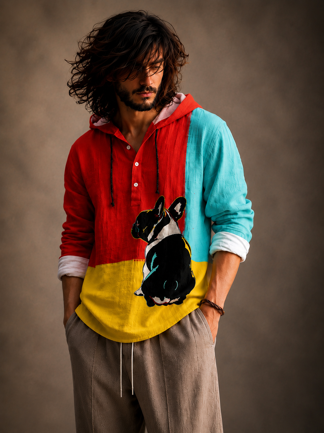 Stylish Multi-Color Hooded Shirt for Men – Dog Print Design