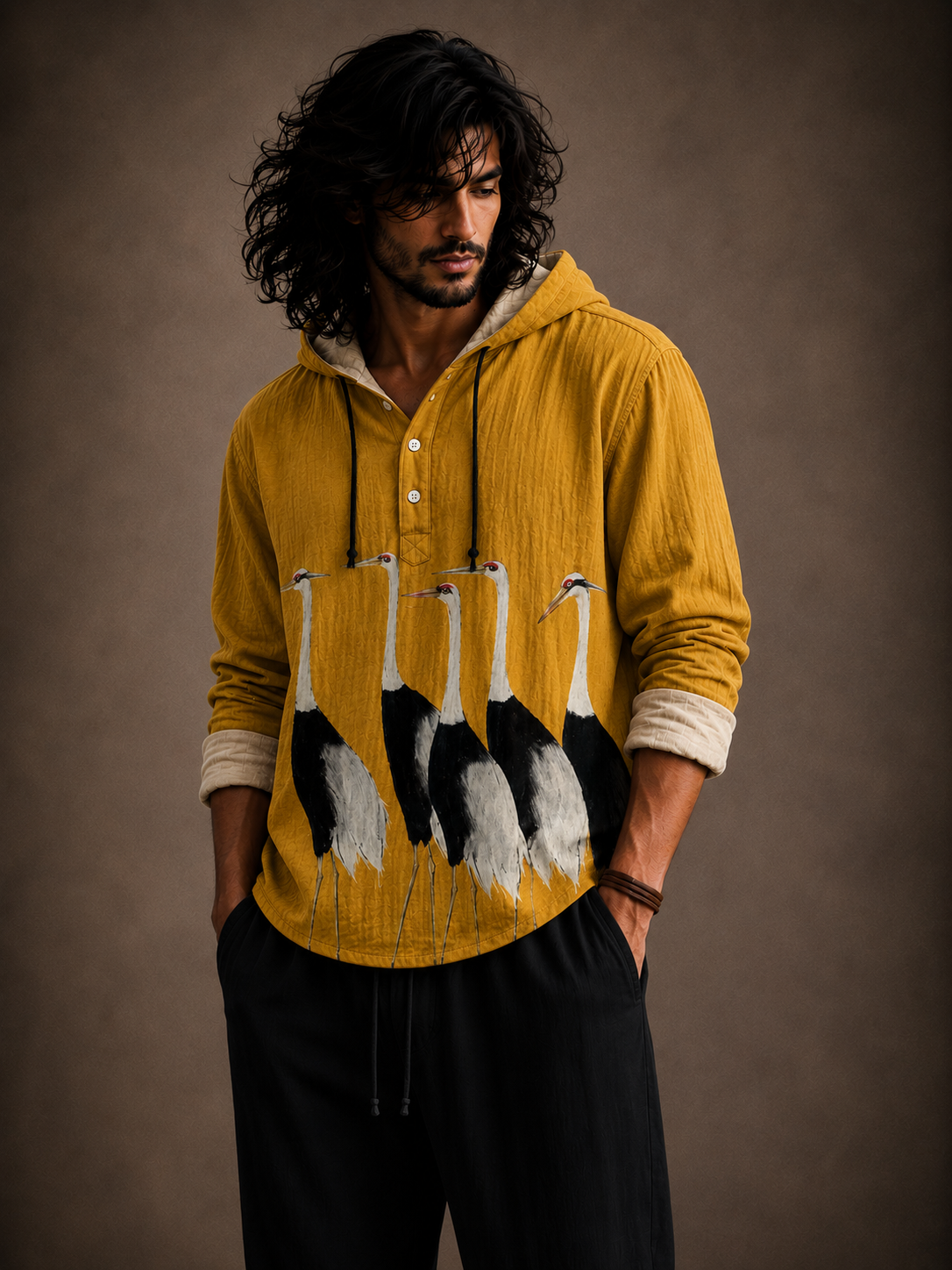 Men's Crane Bird Graphic Hooded Shirt – Full Sleeve Casual Wear