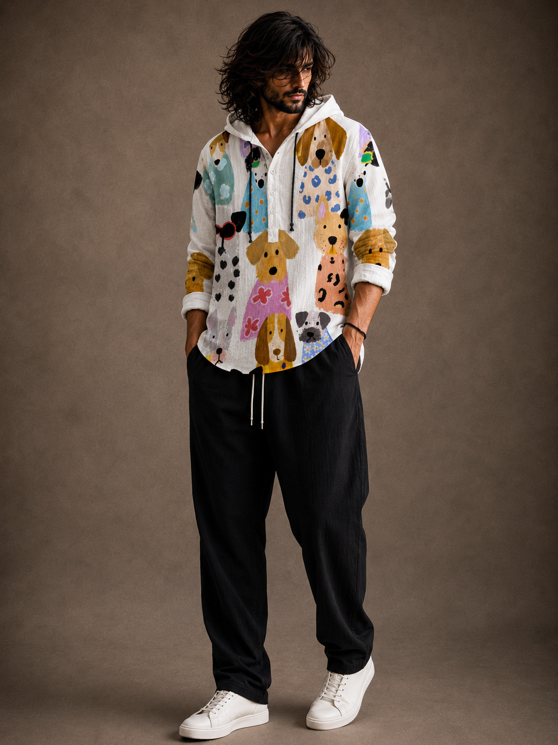 Men's Cute Dog Print Hooded Shirt – Full Sleeve Casual Wear