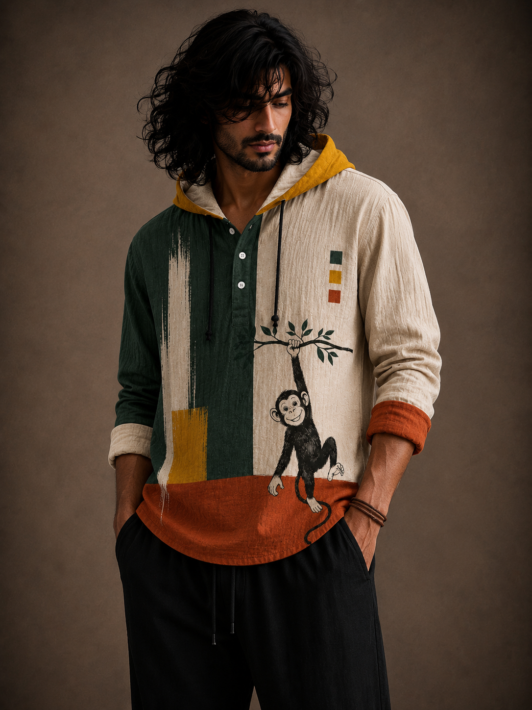 Men's Monkey Graphic Hooded Shirt – Full Sleeve Casual Wear