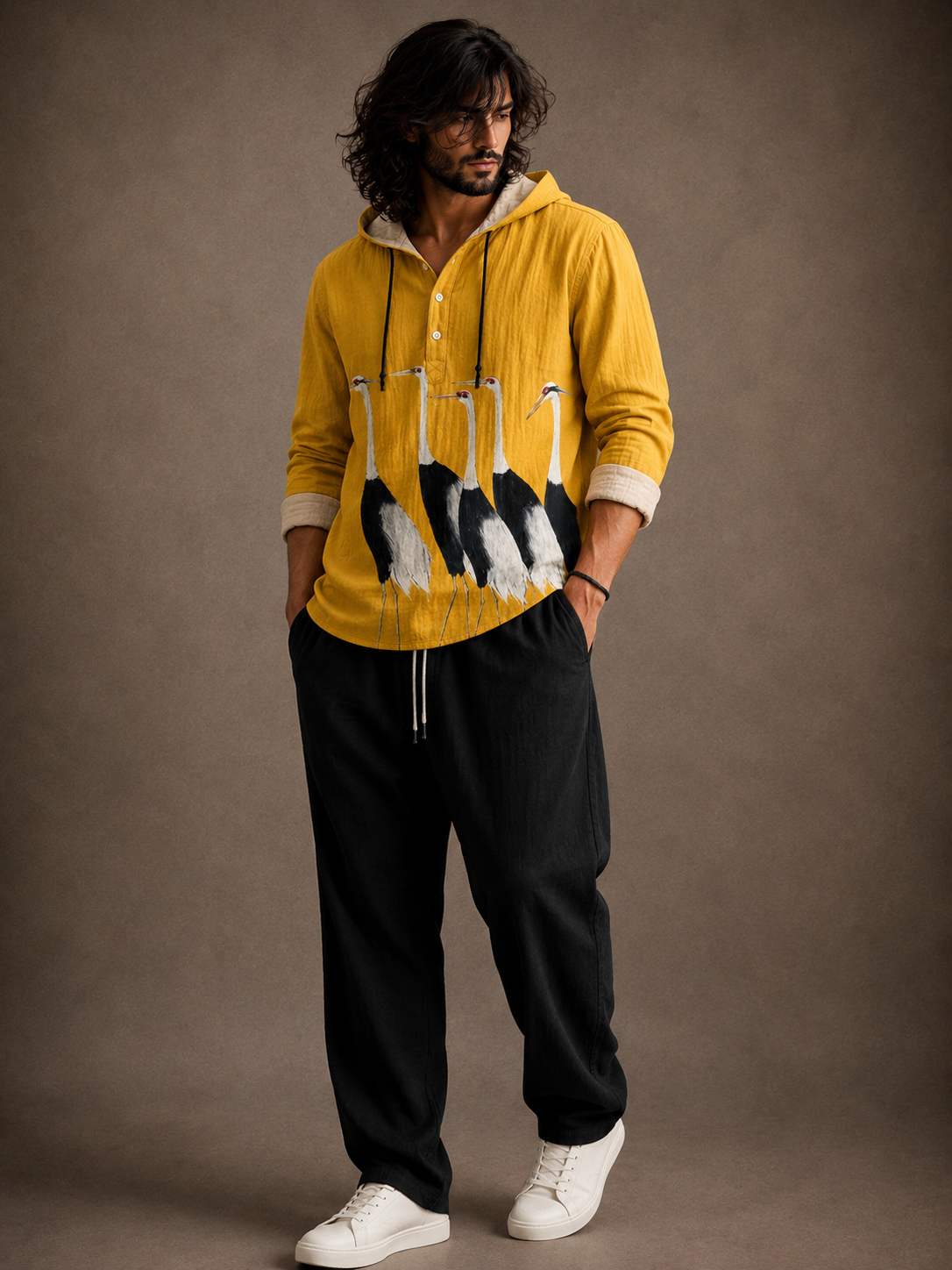 Men's Crane Bird Graphic Hooded Shirt – Full Sleeve Casual Wear