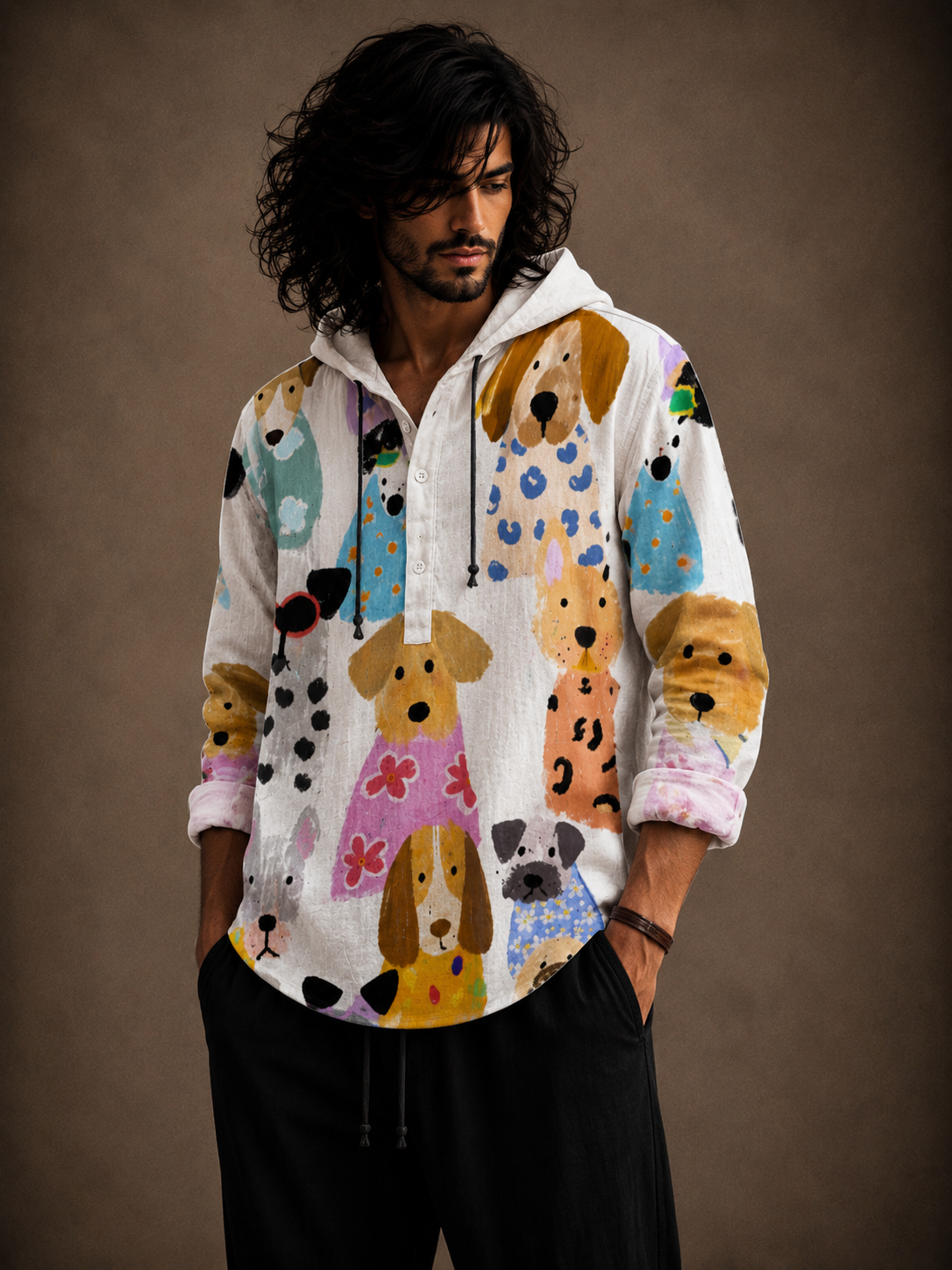 Men's Cute Dog Print Hooded Shirt – Full Sleeve Casual Wear