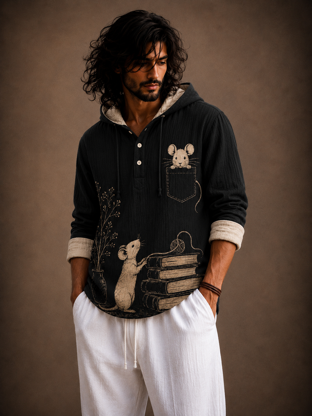 Men's Mouse Graphic Hooded Shirt – Full Sleeve Casual Wear