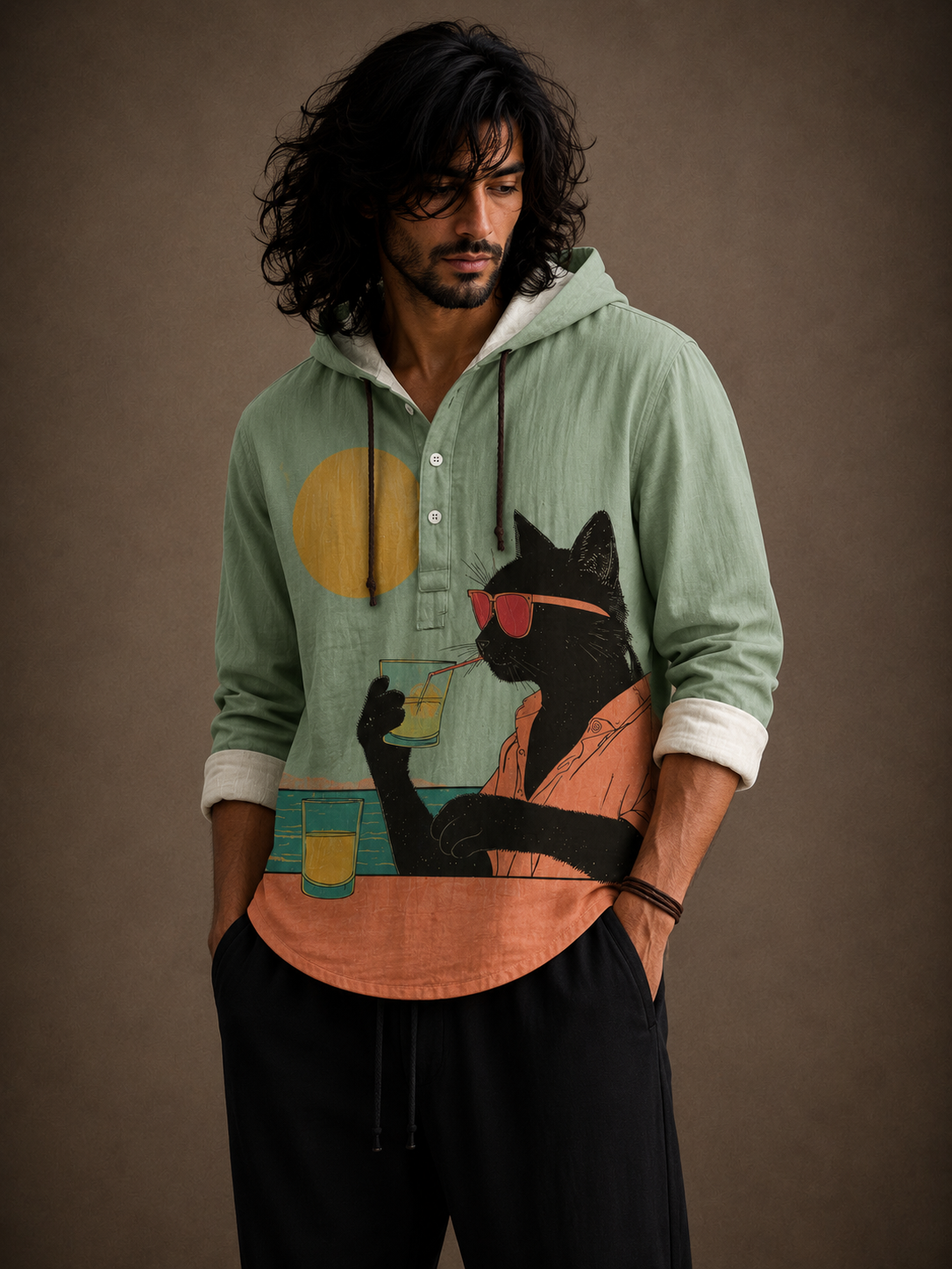Men's Cool Cat Graphic Hooded Shirt – Full Sleeve Casual Wear