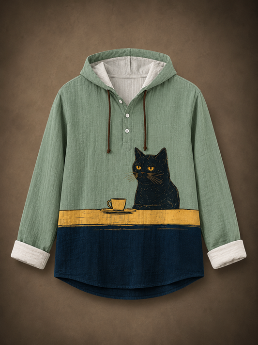 Men's Black Cat Graphic Hooded Shirt – Full Sleeve Casual Wear