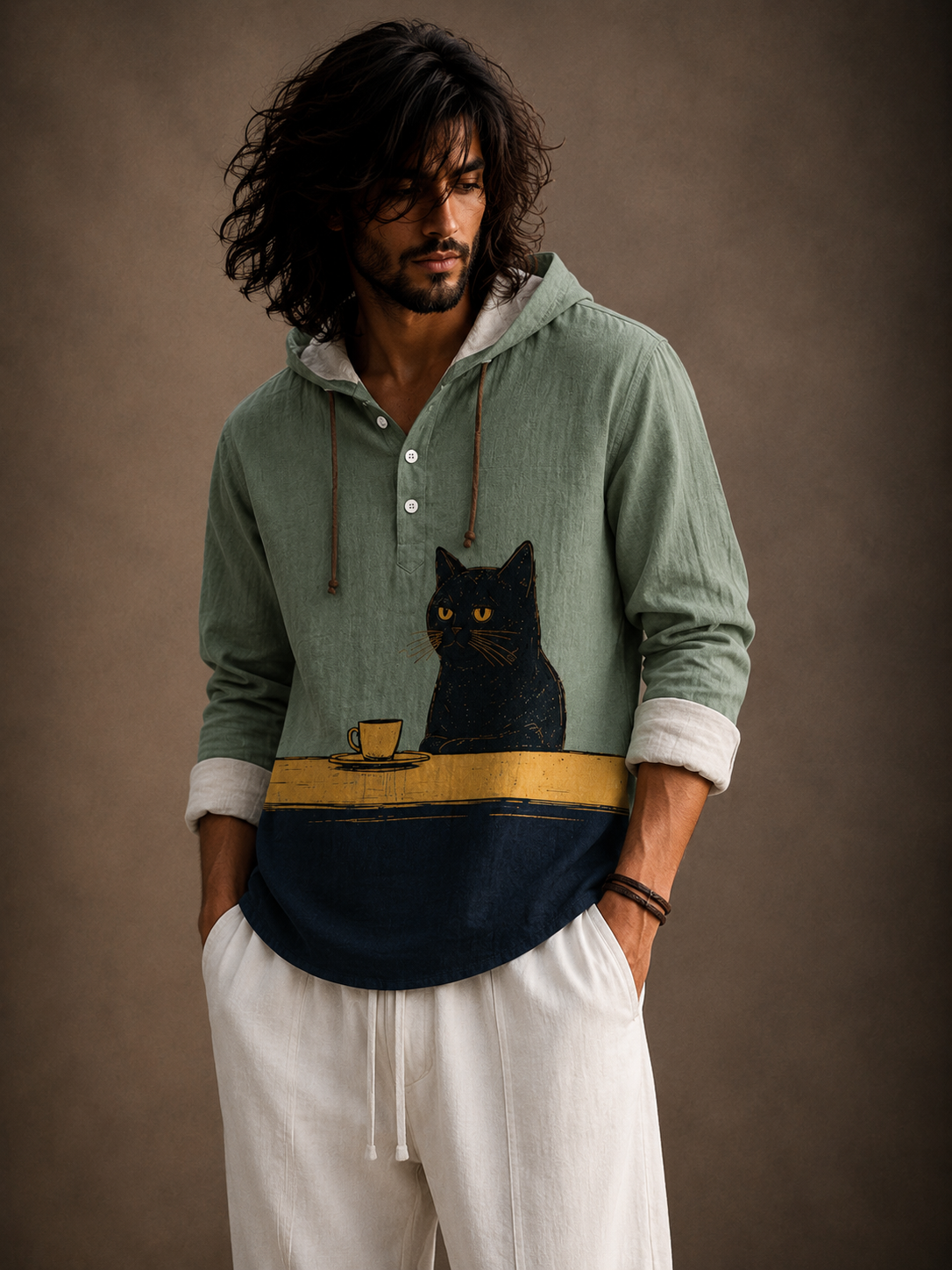 Men's Black Cat Graphic Hooded Shirt – Full Sleeve Casual Wear