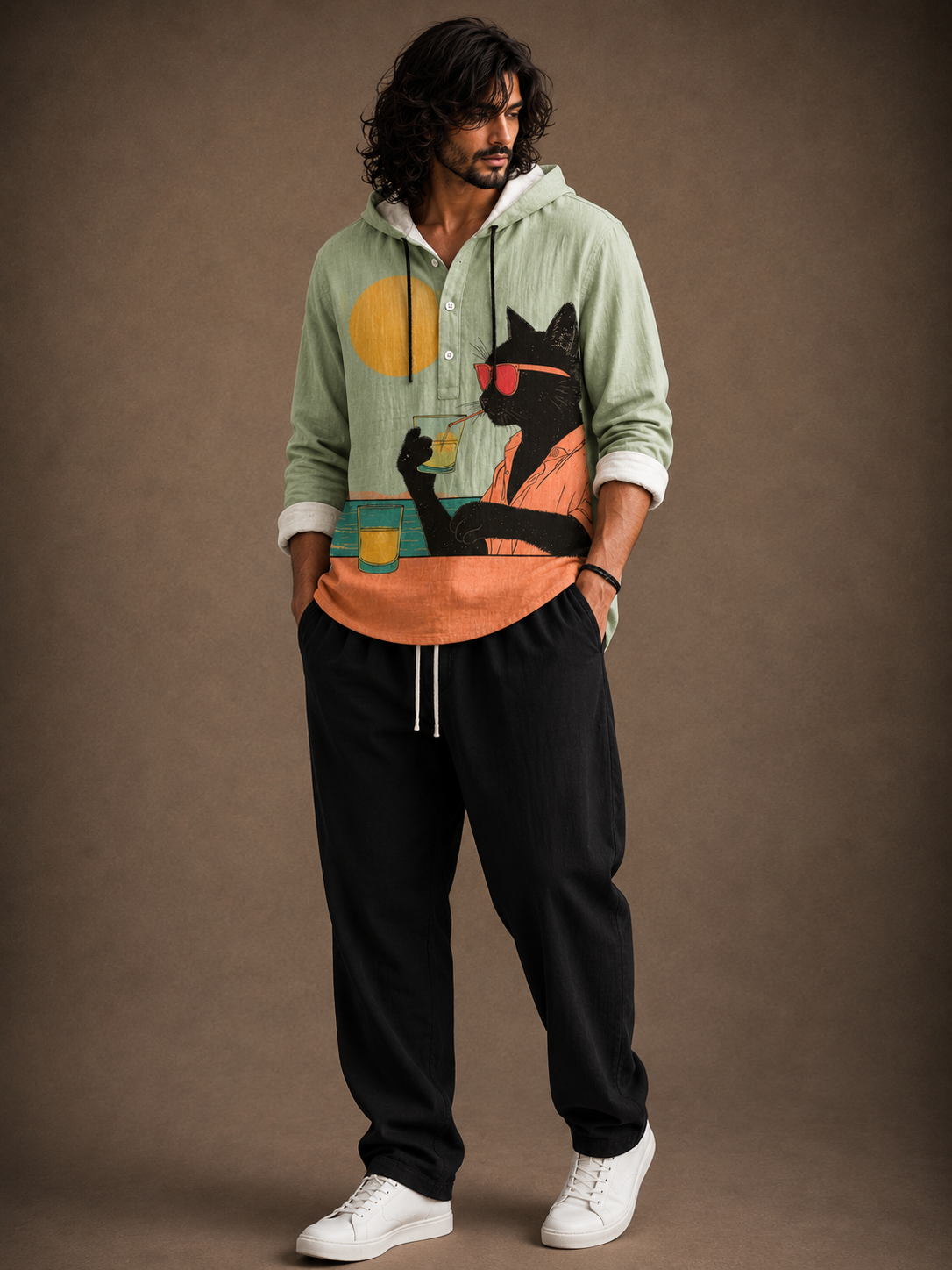 Men's Cool Cat Graphic Hooded Shirt – Full Sleeve Casual Wear
