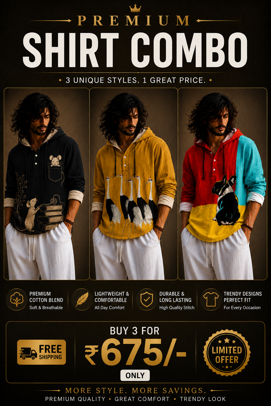 Men's Stylish Printed Hoodie Shirt Combo Pack of 3