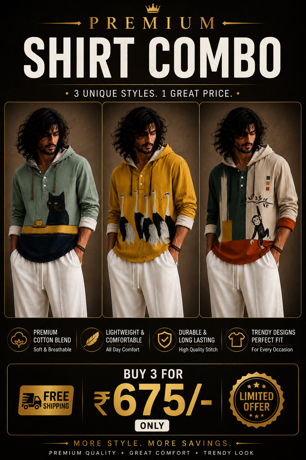 Men's Premium Printed Hoodie Shirt Combo Set of 3