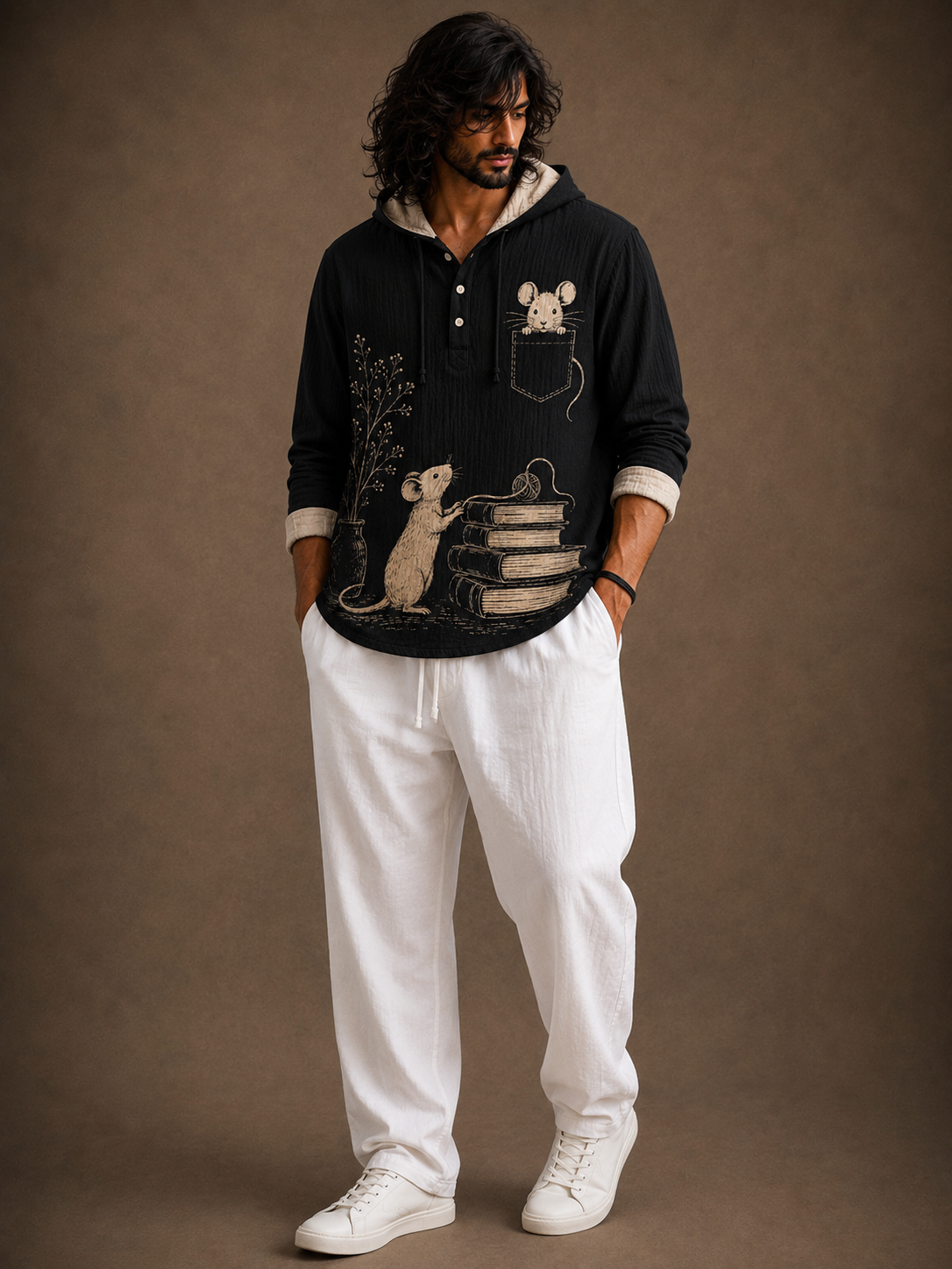 Men's Mouse Graphic Hooded Shirt – Full Sleeve Casual Wear