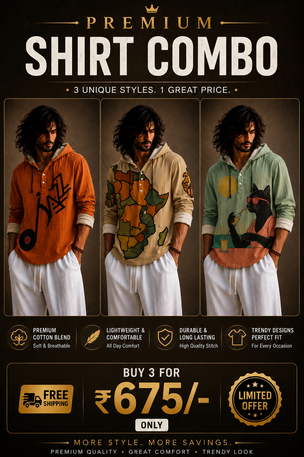 Men's Premium Printed Hoodie Shirt Combo Set of 3