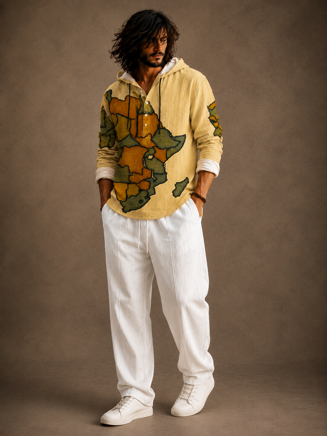 Men's Map Print Hooded Shirt – Full Sleeve Casual Wear